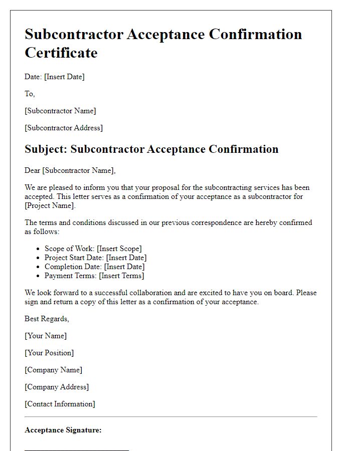 Letter template of subcontractor acceptance confirmation certificate