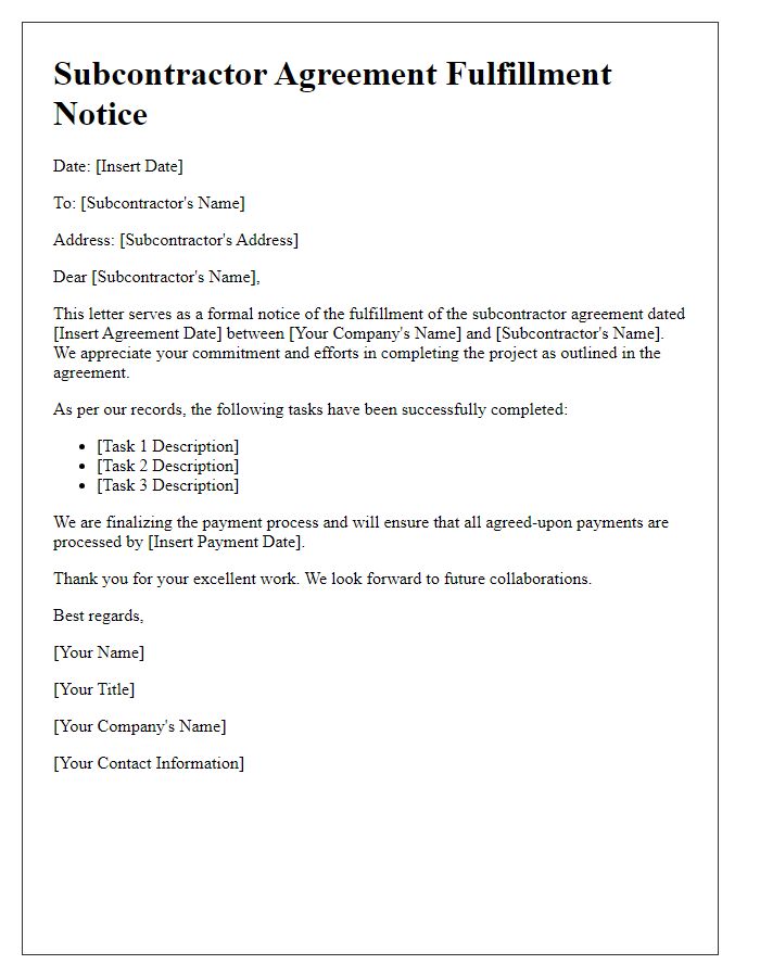 Letter template of subcontractor agreement fulfillment notice