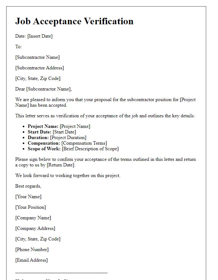 Letter template of subcontractor job acceptance verification