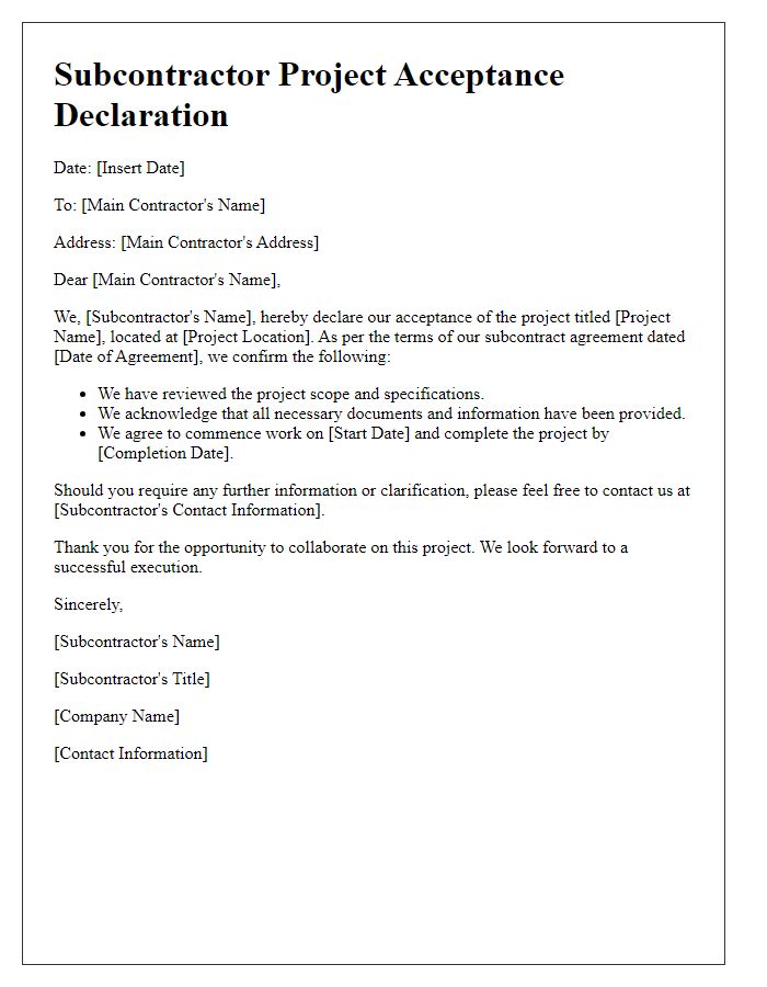 Letter template of subcontractor project acceptance declaration