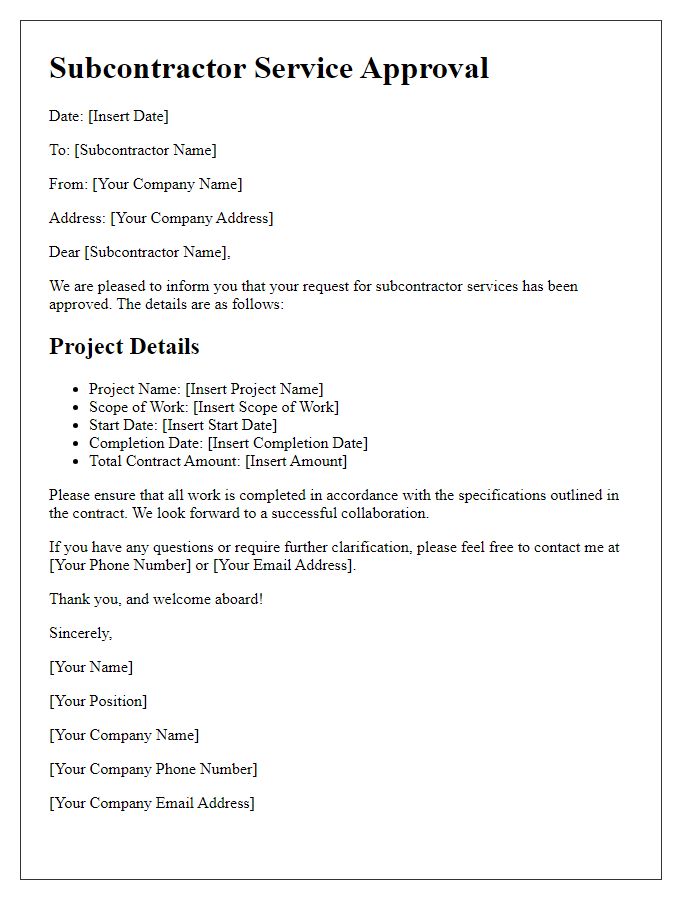 Letter template of subcontractor service approval document