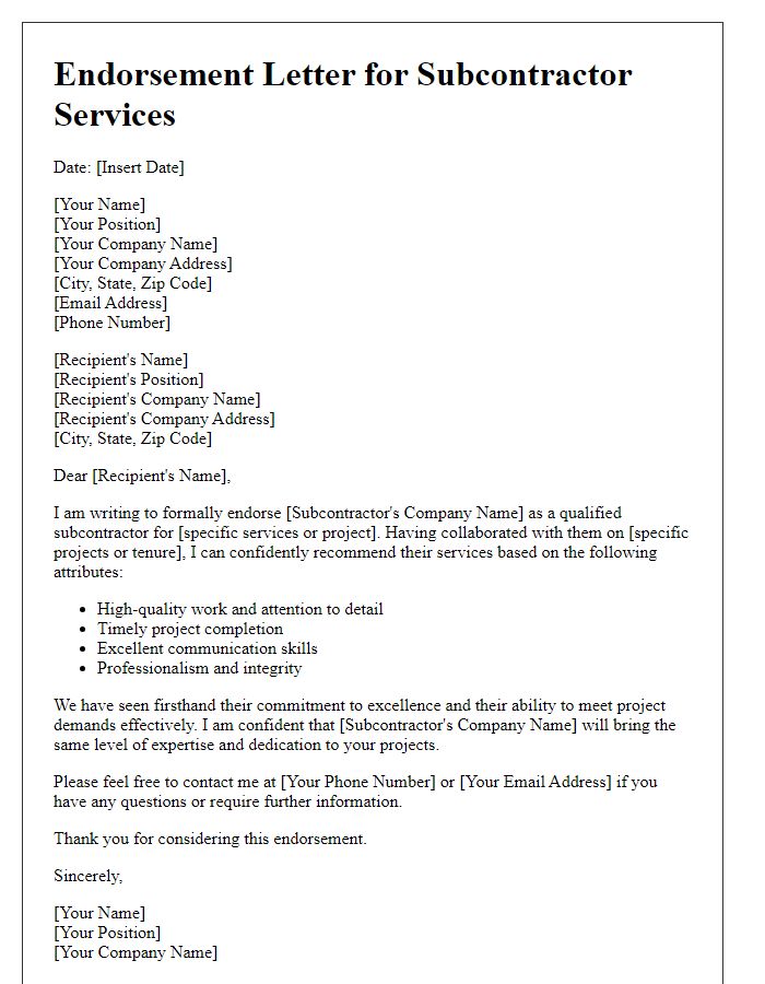 Letter template of subcontractor service endorsement letter