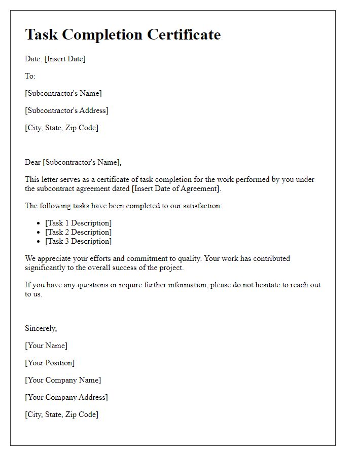 Letter template of subcontractor task completion certificate