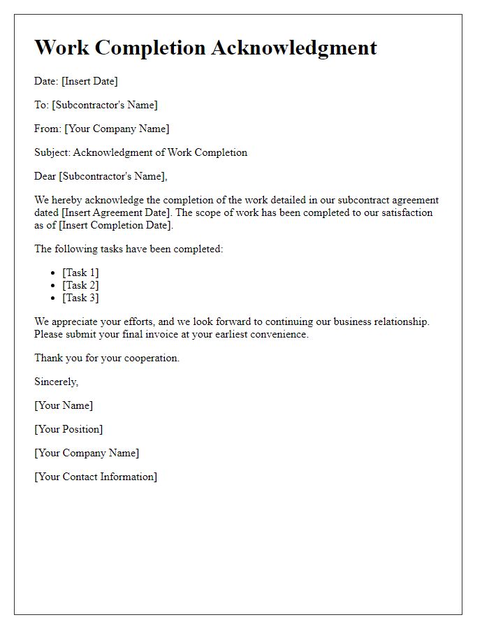 Letter template of subcontractor work completion acknowledgment