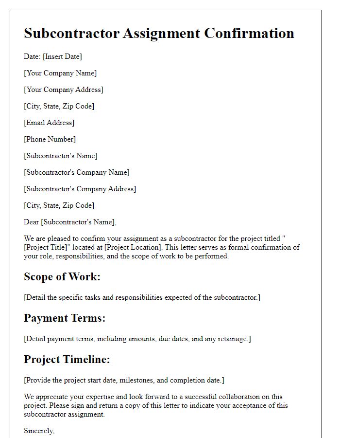 Letter template of subcontractor assignment confirmation