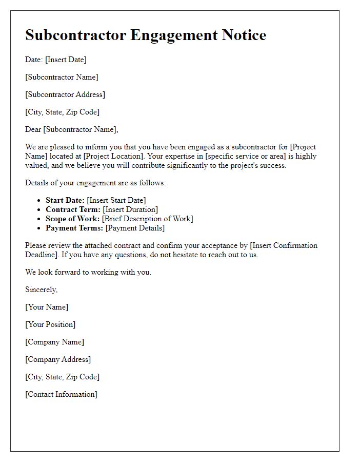 Letter template of subcontractor engagement notice