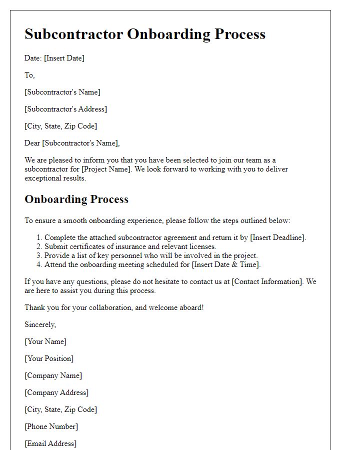 Letter template of subcontractor onboarding process