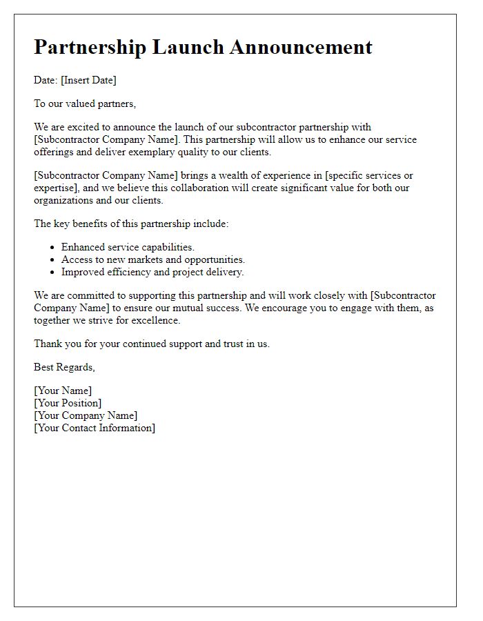 Letter template of subcontractor partnership launch