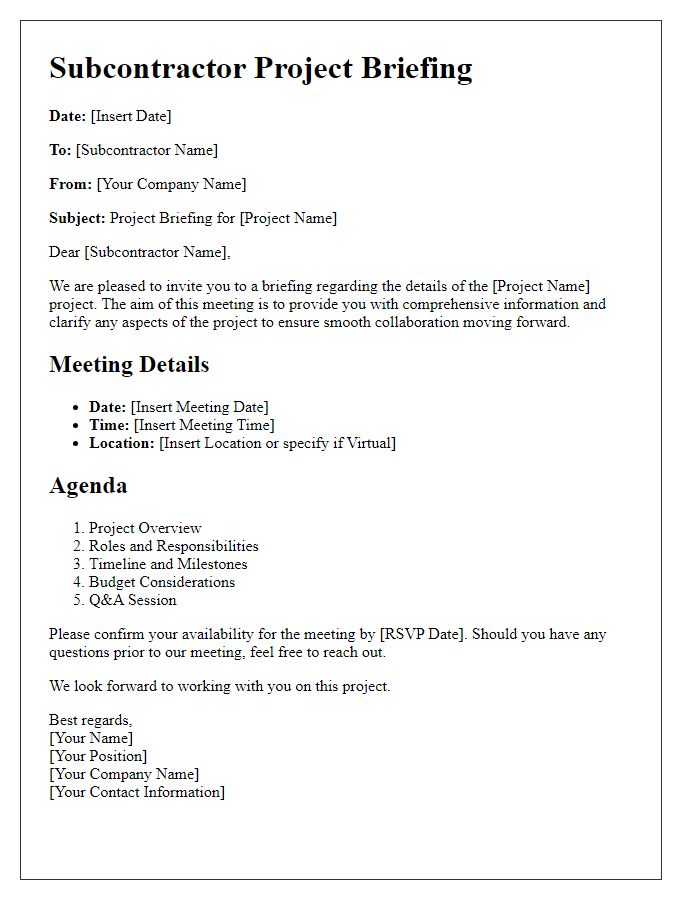 Letter template of subcontractor project briefing