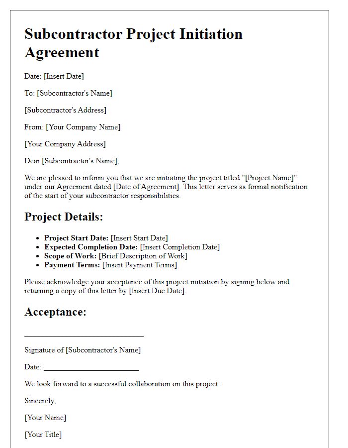 Letter template of subcontractor project initiation agreement