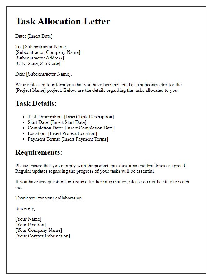 Letter template of subcontractor task allocation