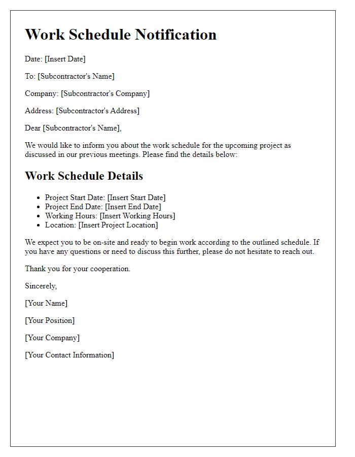 Letter template of subcontractor work schedule notification