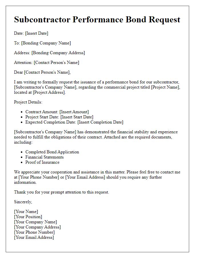 Letter template of subcontractor performance bond request for commercial projects