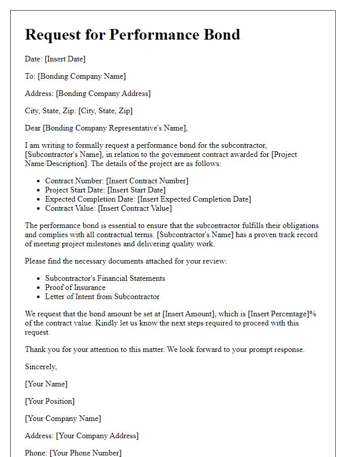 Letter template of subcontractor performance bond request for government contracts