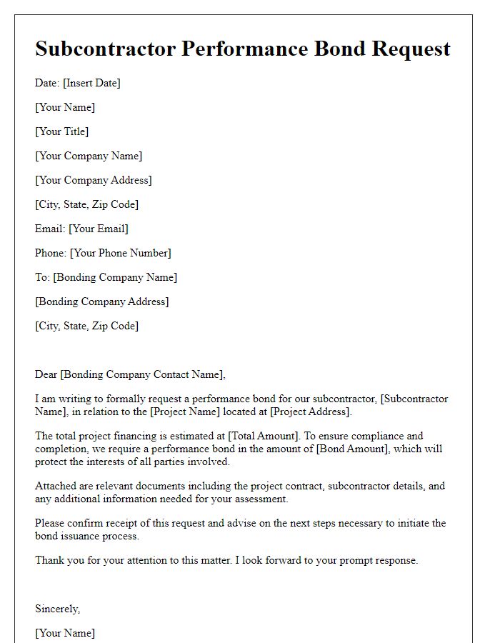 Letter template of subcontractor performance bond request for project financing