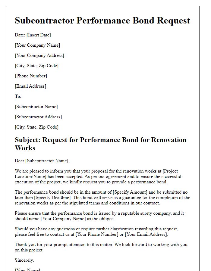 Letter template of subcontractor performance bond request for renovation works