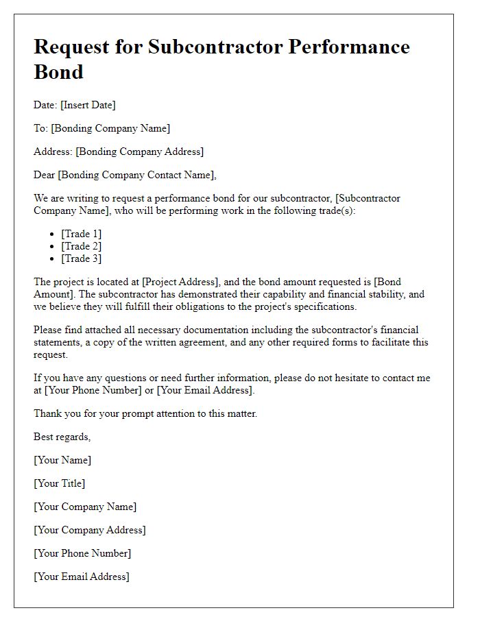 Letter template of subcontractor performance bond request for specific trades