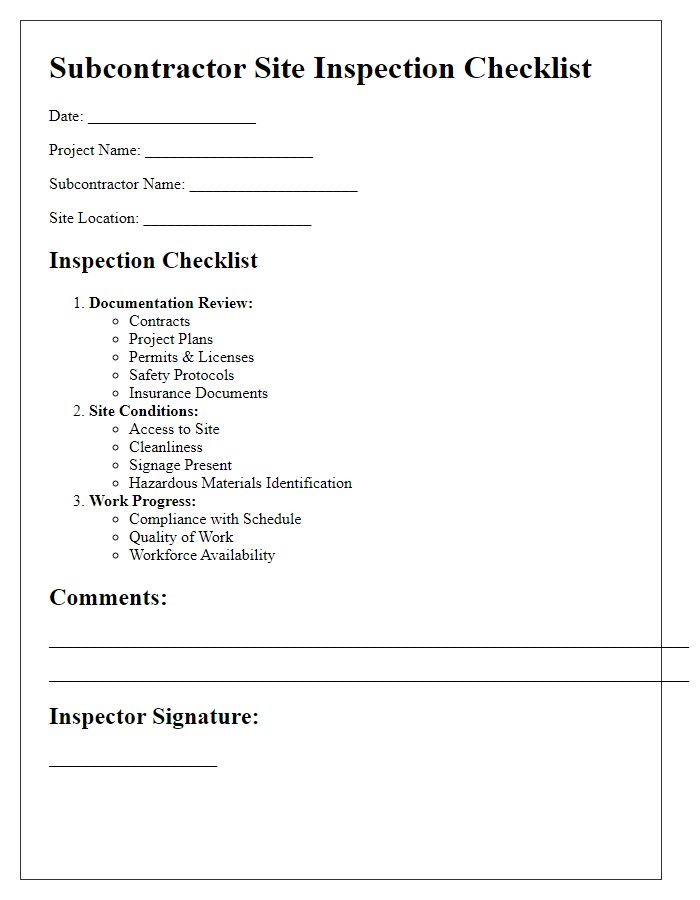 Letter template of Subcontractor Site Inspection Checklist for Documentation Review