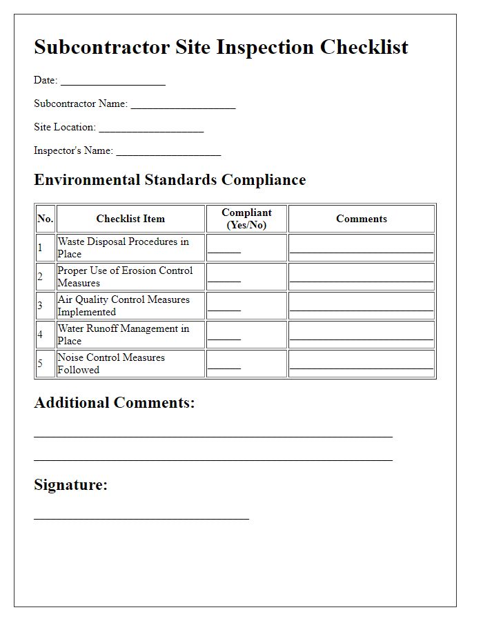 Letter template of Subcontractor Site Inspection Checklist for Environmental Standards