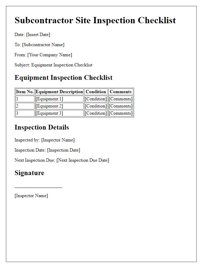 Letter template of Subcontractor Site Inspection Checklist for Equipment Inspection