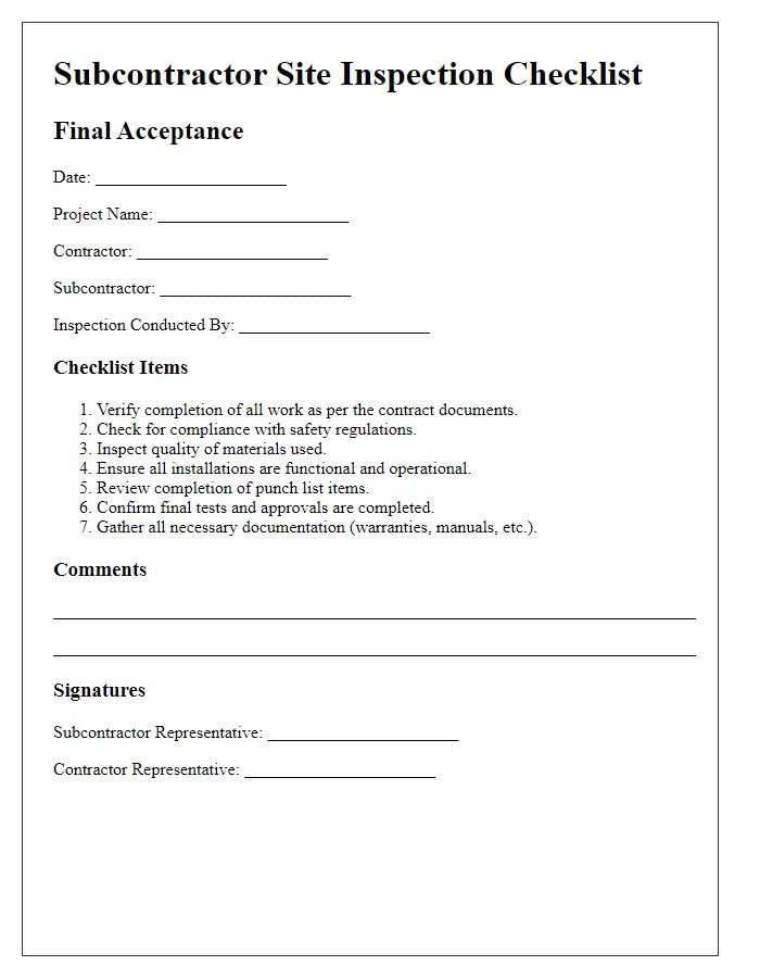 Letter template of Subcontractor Site Inspection Checklist for Final Acceptance