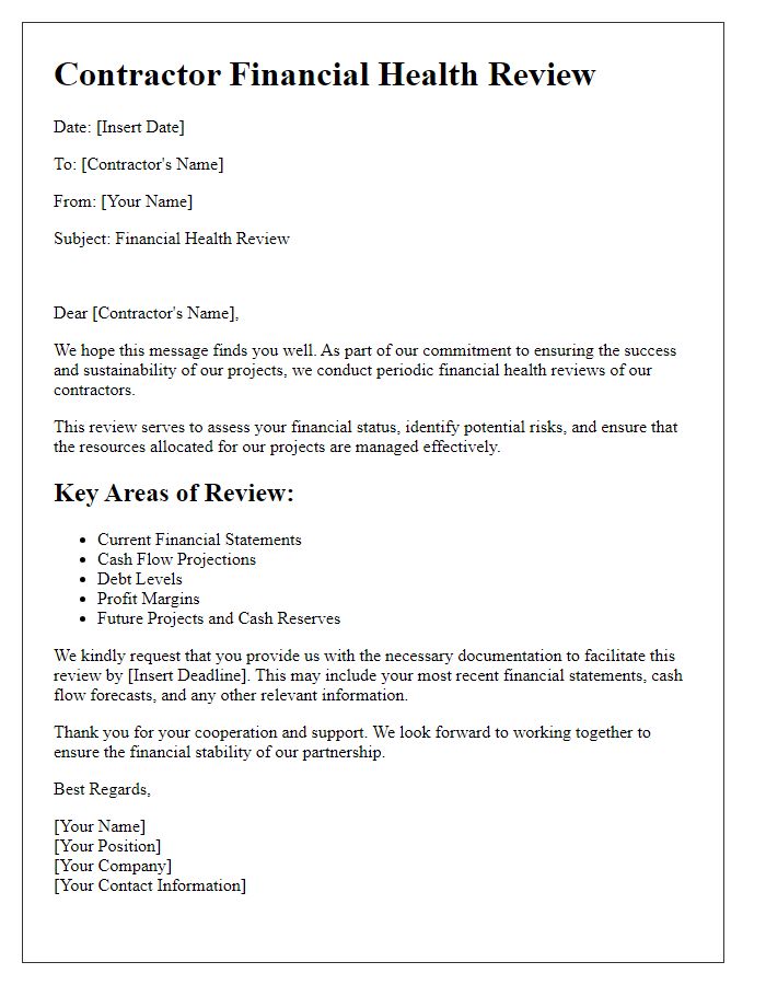 Letter template of Contractor Financial Health Review