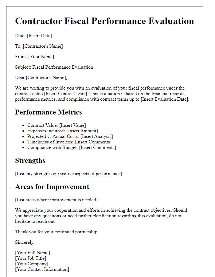 Letter template of Contractor Fiscal Performance Evaluation