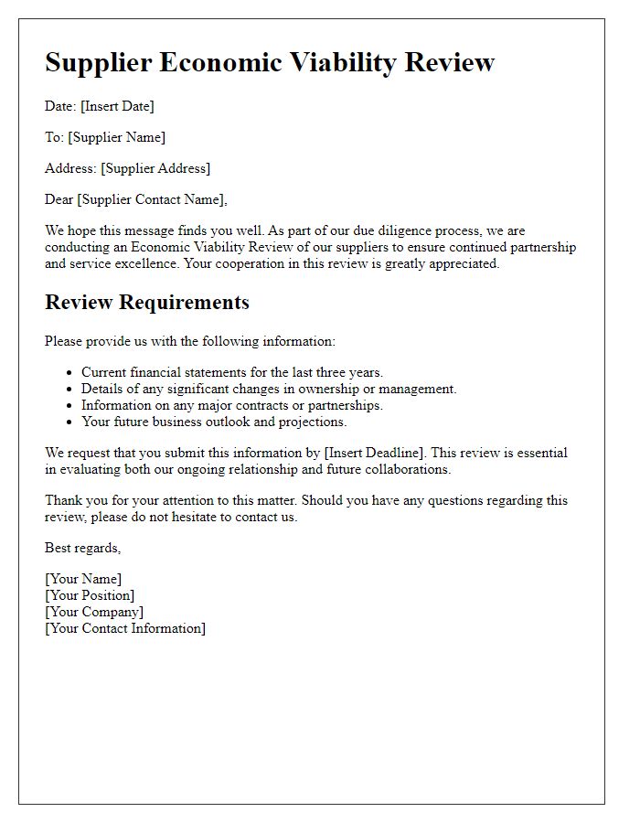 Letter template of Supplier Economic Viability Review