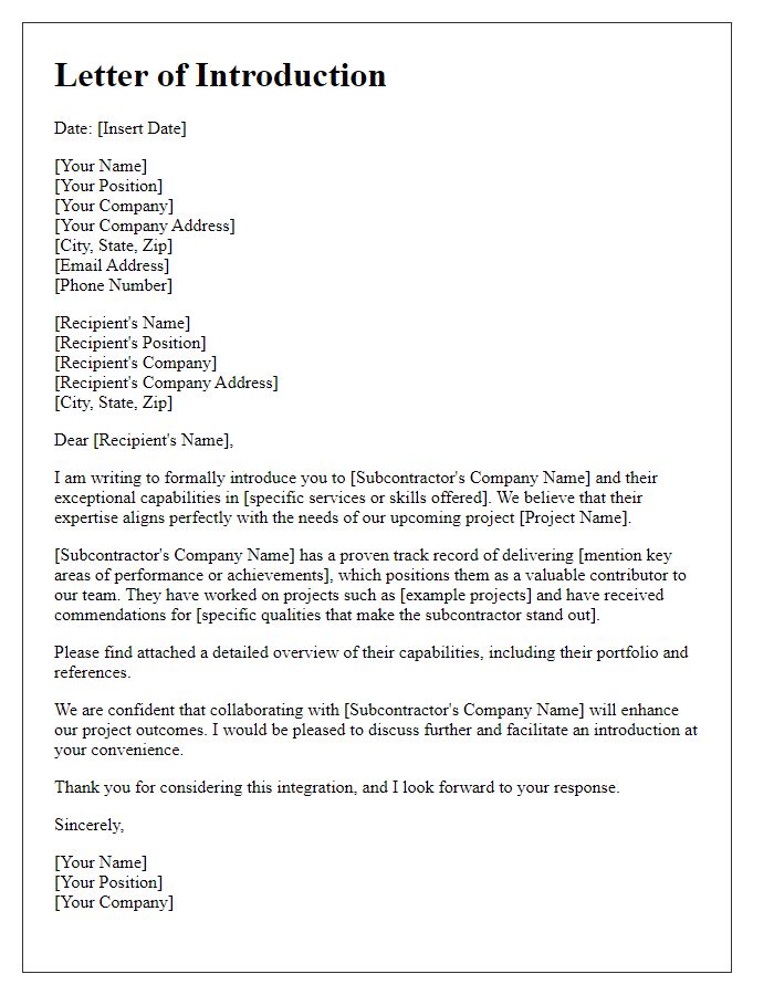 Letter template of Formal Introduction to Subcontractor Capabilities