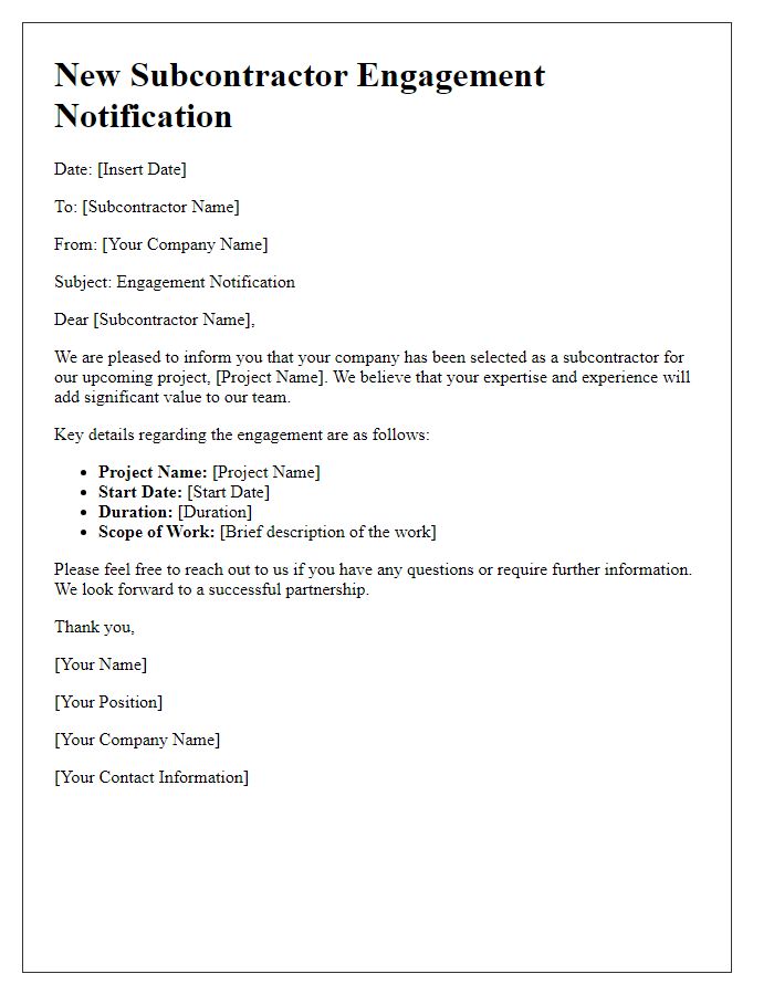 Letter template of New Subcontractor Engagement Notification