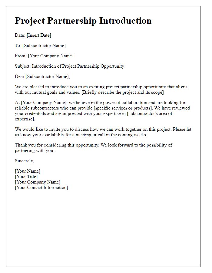 Letter template of Project Partnership Introduction for Subcontractors