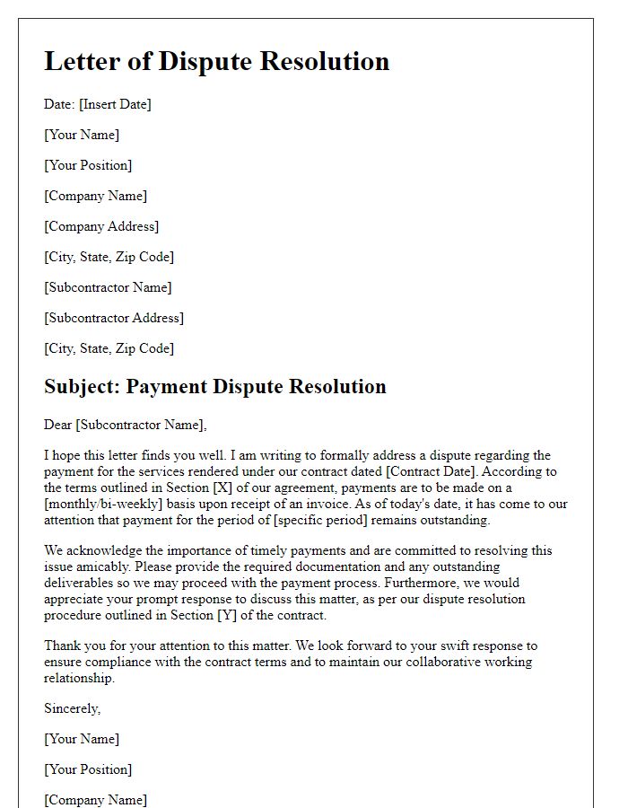 Letter template of subcontractor payment dispute resolution based on contract terms