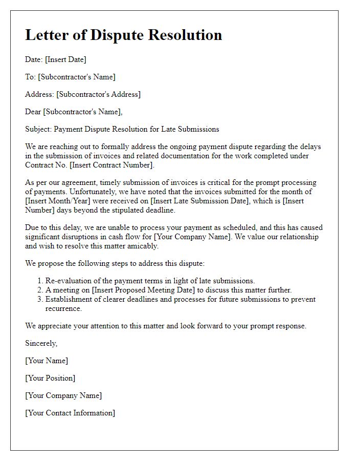 Letter template of subcontractor payment dispute resolution for late submissions