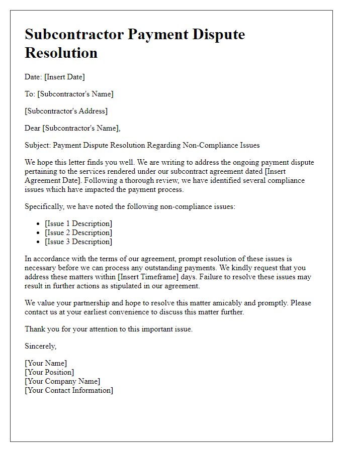 Letter template of subcontractor payment dispute resolution for non-compliance issues