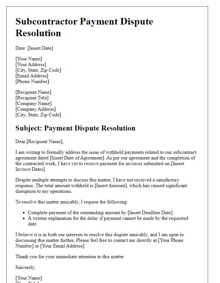 Letter template of subcontractor payment dispute resolution over withheld payments