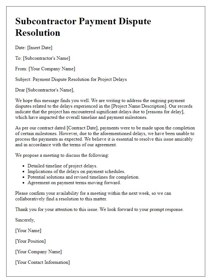 Letter template of subcontractor payment dispute resolution for project delays