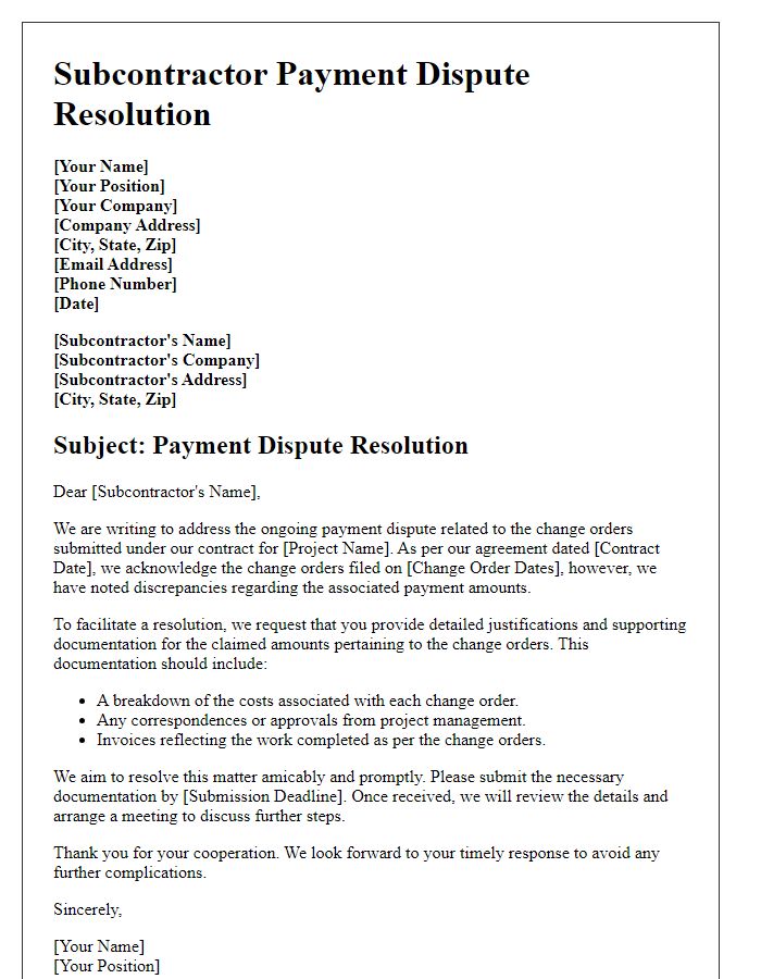 Letter template of subcontractor payment dispute resolution related to change orders