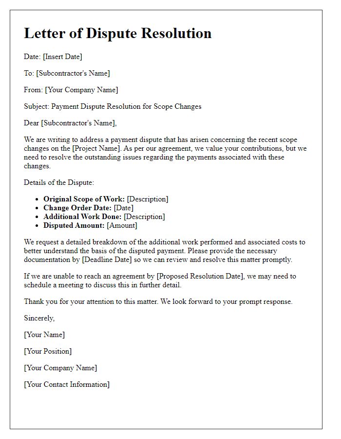 Letter template of subcontractor payment dispute resolution for scope changes