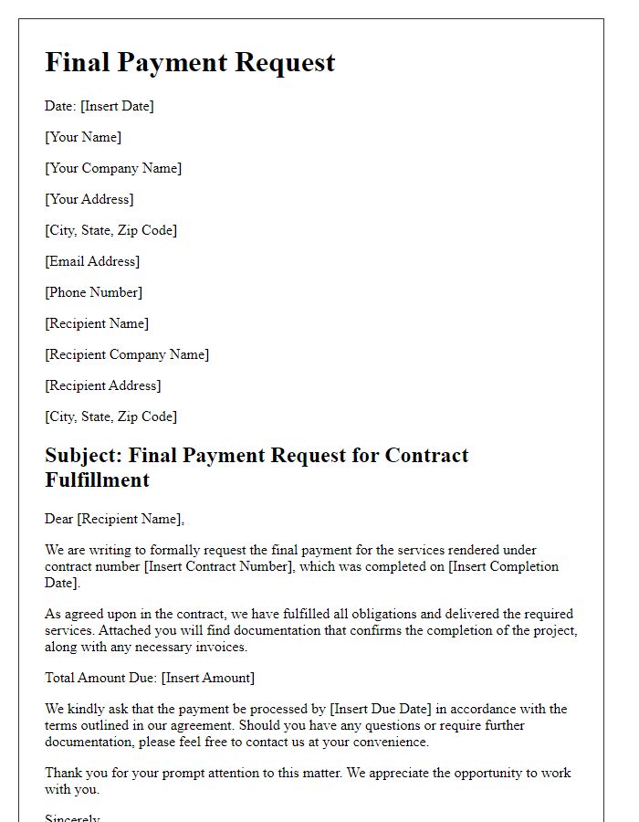 Letter template of subcontractor final payment request due to contract fulfillment