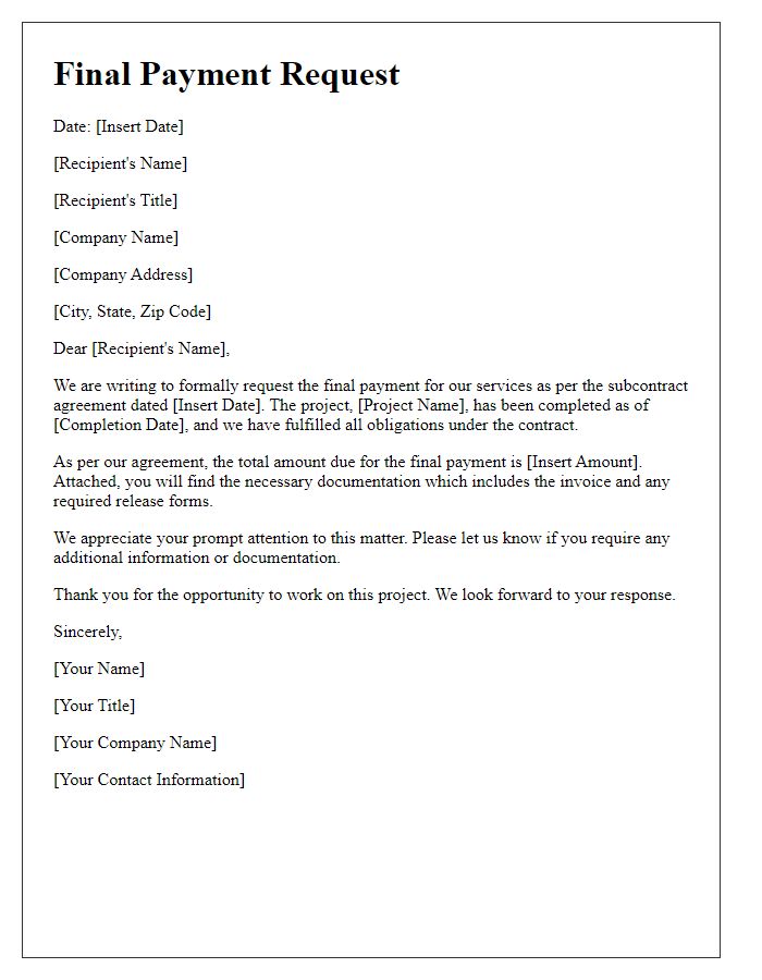 Letter template of subcontractor final payment request following project completion