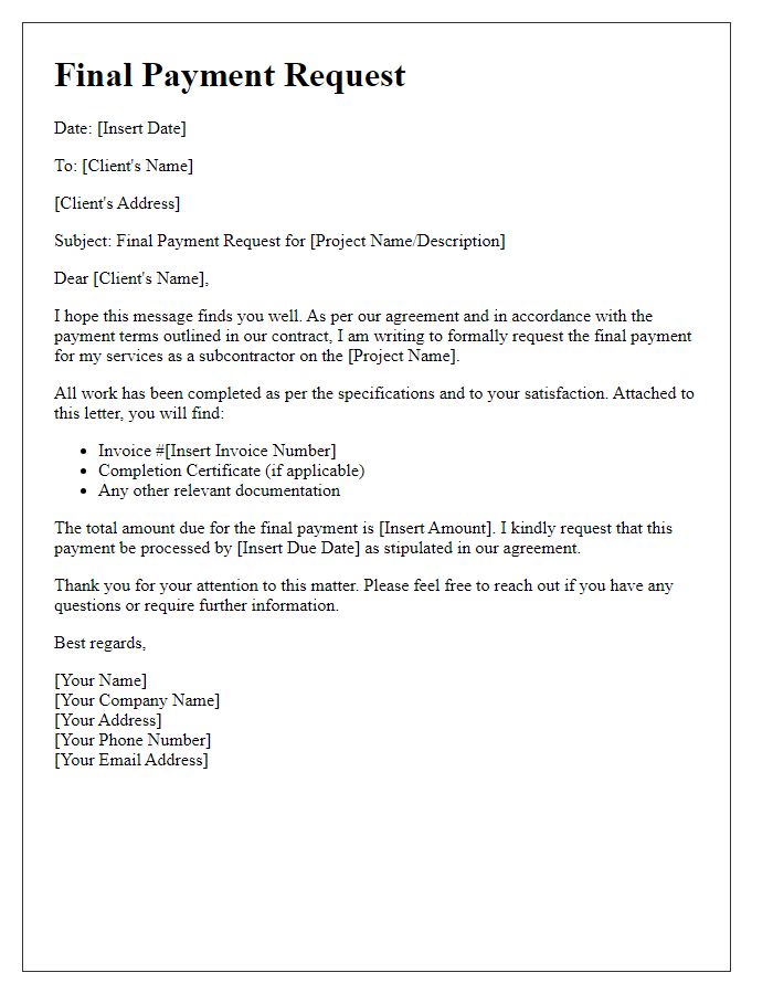 Letter template of subcontractor final payment request in accordance with payment terms