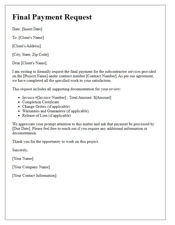 Letter template of subcontractor final payment request including supporting documentation