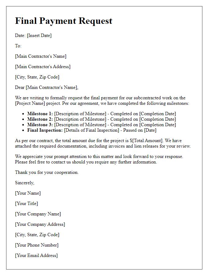 Letter template of subcontractor final payment request outlining project milestones