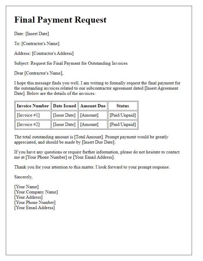 Letter template of subcontractor final payment request for outstanding invoices