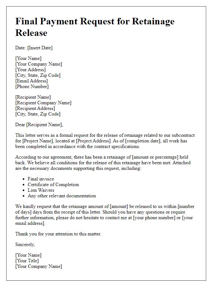 Letter template of subcontractor final payment request for retainage release