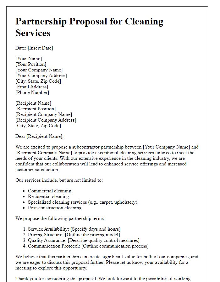 Letter template of subcontractor partnership proposal for cleaning services