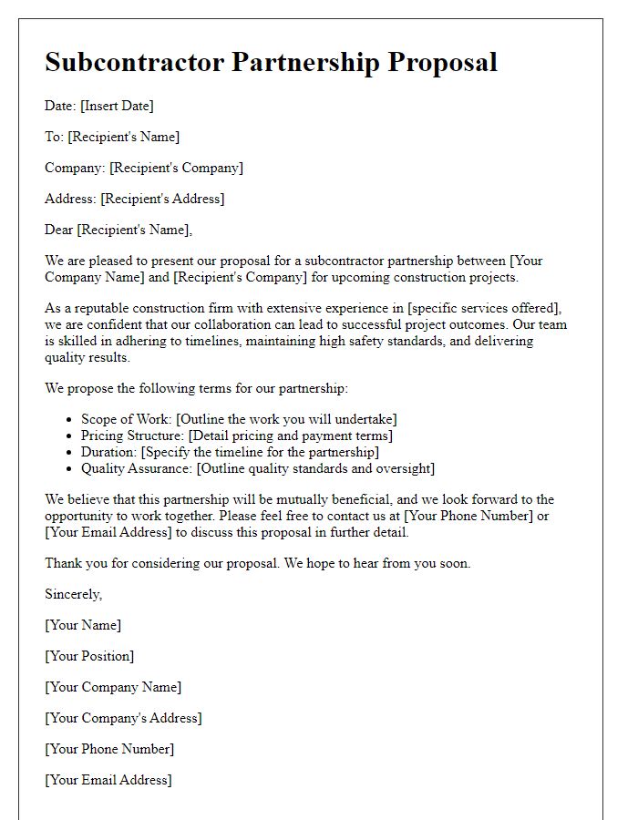 Letter template of subcontractor partnership proposal for construction projects