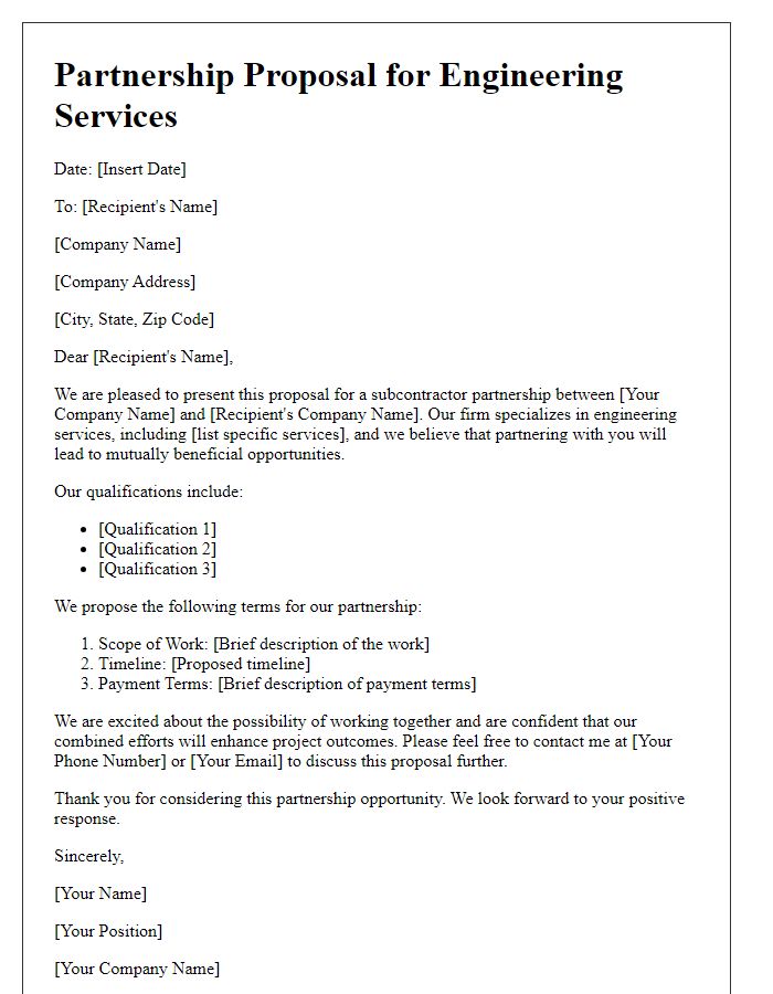 Letter template of subcontractor partnership proposal for engineering services