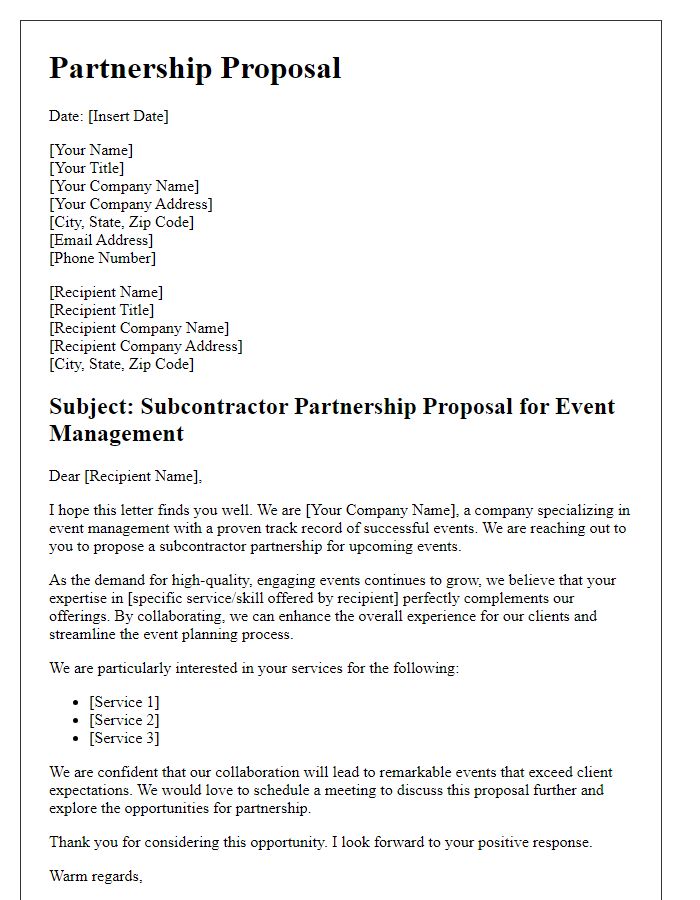 Letter template of subcontractor partnership proposal for event management