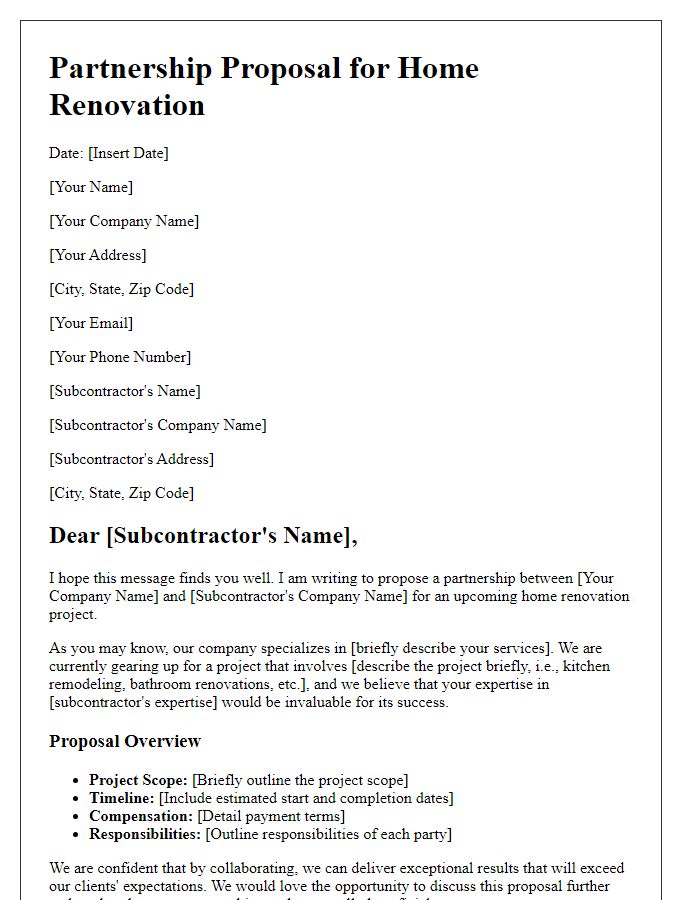 Letter template of subcontractor partnership proposal for home renovation